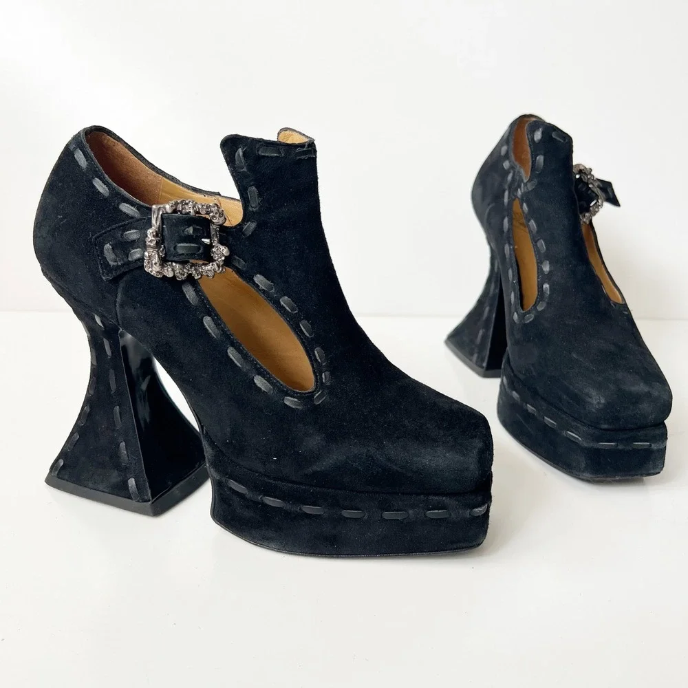 John Fluevog Mega Munster Clique Platform T-strap Heels Gothic Pumps Black Suede